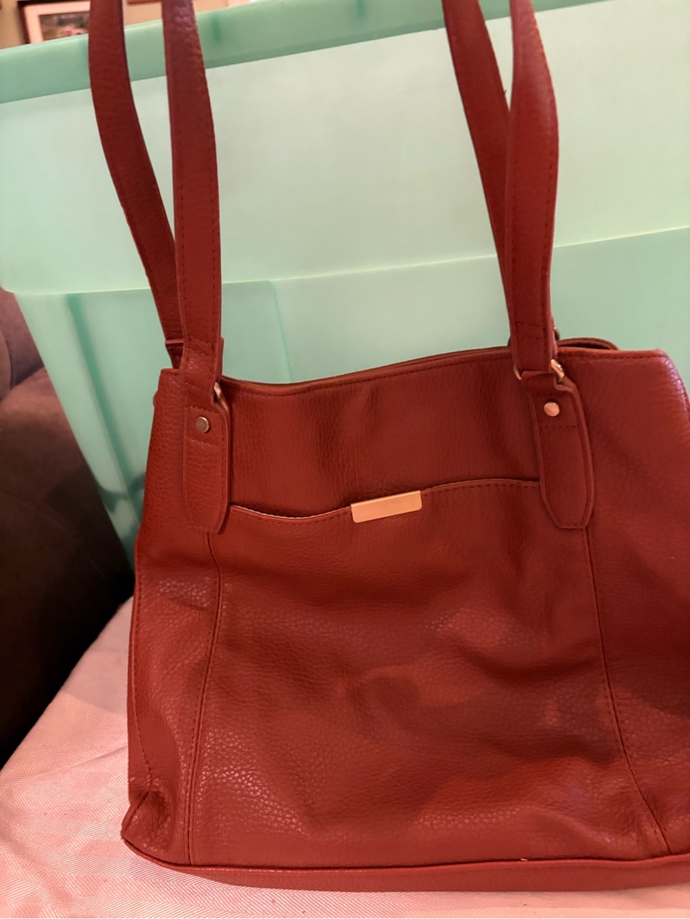 Classic Red Leather Tote Bag with Gold Accent